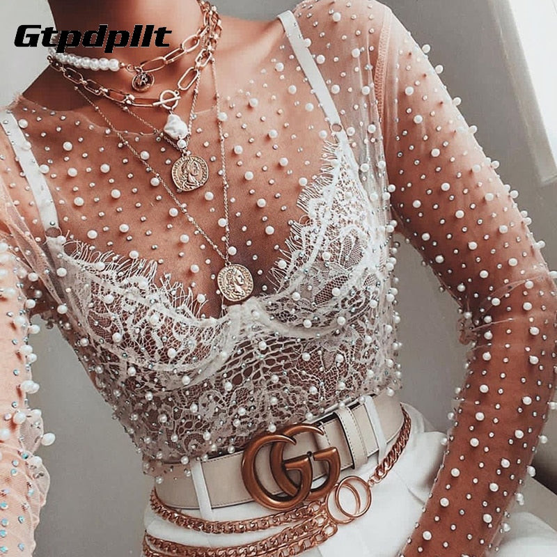 Women Mesh Diamonds pearl Elegant Crop Tops