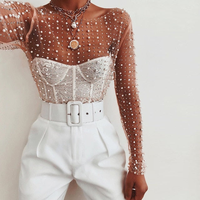 Women Mesh Diamonds pearl Elegant Crop Tops