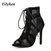Eilyken New Fashion show Black Net Fabric Cross strap Sexy high heel Sandals Woman shoes Pumps Lace-up Peep Toe Sandals