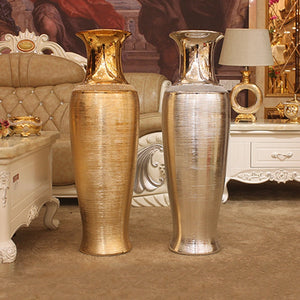 European Style Luxury Vase Electroplated Golden Brushed Ceramic Floor-To-Ceiling Large Vase Silver Model House Decoration Home