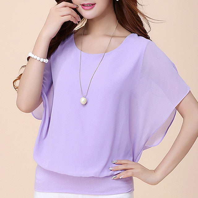 Casual Women Chiffon Blouse Female Solid Short Sleeve Ruffle Batwing Short Shirt Summer Beach Plus Size