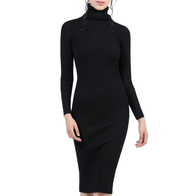 Women Autumn Winter Sweater Knitted Dresses Slim Elastic Turtleneck Long Sleeve Sexy Lady Bodycon Robe Dresses Vestidos