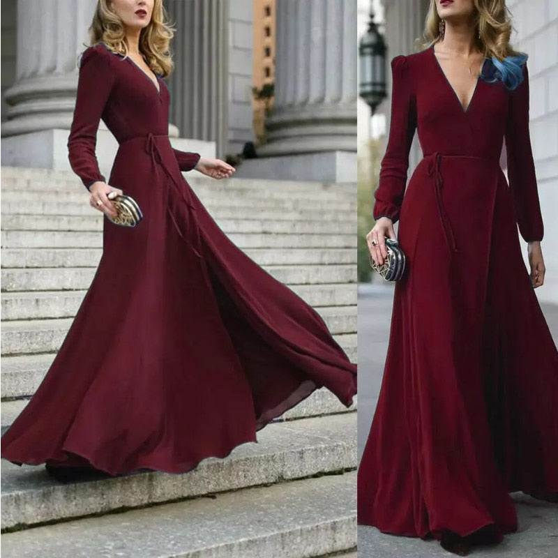 Women Sexy Formal Maxi Dress V Neck Long Sleeve Solid color Bandage Office Ladies Evening Party Prom Gown