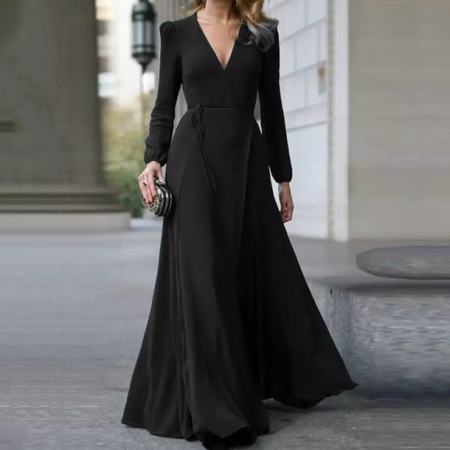 Women Sexy Formal Maxi Dress V Neck Long Sleeve Solid color Bandage Office Ladies Evening Party Prom Gown