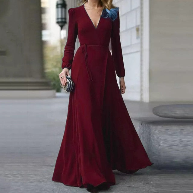 Women Sexy Formal Maxi Dress V Neck Long Sleeve Solid color Bandage Office Ladies Evening Party Prom Gown