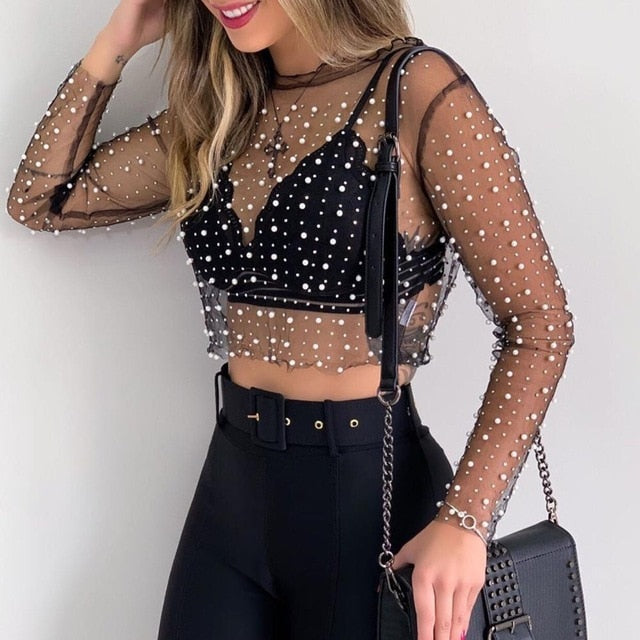 Women Mesh Diamonds pearl Elegant Crop Tops