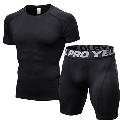 Quick Dry Compression Suits Short Sleeve Shirt+Shorts Men's Running Set Fitness Tight Sport Suit Men Outdoor Jogging Sportswear