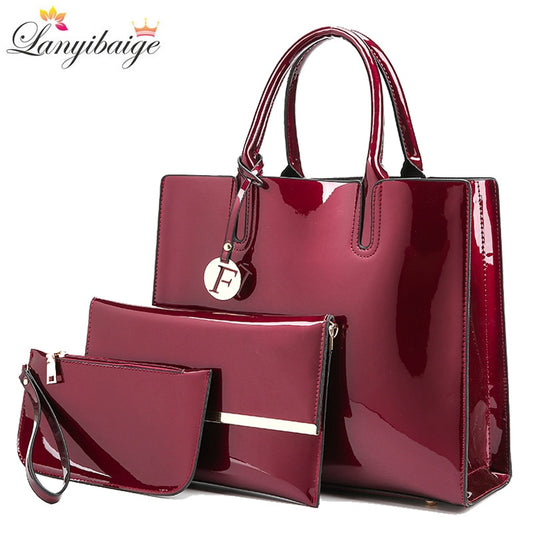 Brand 3 Sets Women Handbags High Quality Patent Leather Female Messenger Bag Luxury Tote+Ladies Shoulder Crossbody Bag+Clutch