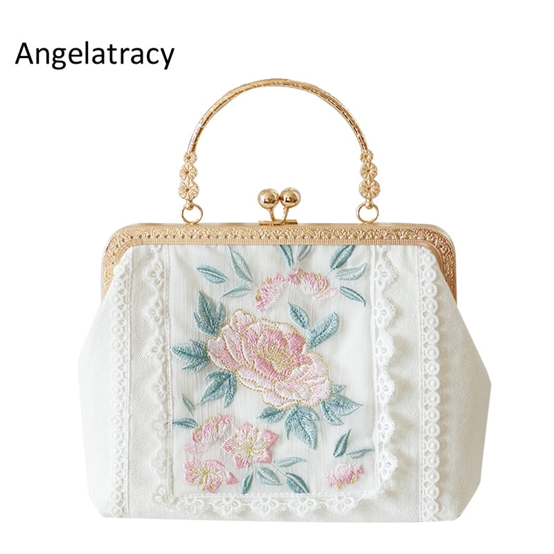 2020 Angelatracy New White Gold Bag Floral Embroidery Japan Lolita Rose Mini Lace Women Handbag Metal Frame Tote Crossbody Bag