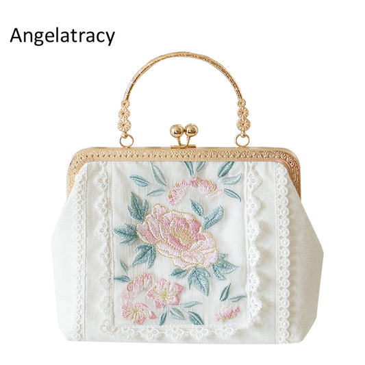 2020 Angelatracy New White Gold Bag Floral Embroidery Japan Lolita Rose Mini Lace Women Handbag Metal Frame Tote Crossbody Bag