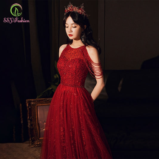 SSYFashion New Luxury Sequins Evening Dress Banquet Elegant Halter Wine Red Crystal Beading Prom Formal Gown Vestido De Festa