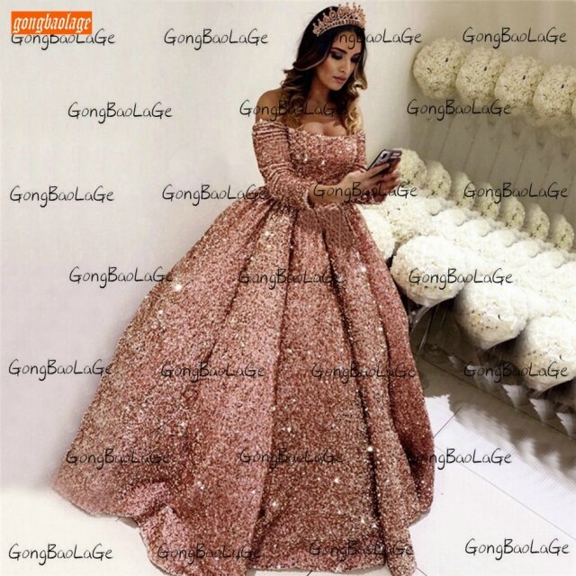 Sparkly Pink Prom Dresses Long Sleeve Sequin Lace Up Ball Gown Vestidos De Fiesta Largos Elegantes De Gala 2020 Reflective Dress