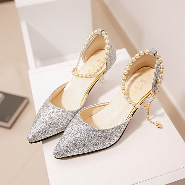 Sexy Pointed toe Pearl High heels shoes Female Fashion hollow with Sandals Paillette of the Thin Breathable shoes Women Pumps