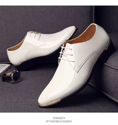 2020 Newly Men's Quality Patent Leather Shoes White Wedding Shoes Size 38-48 Black Leather Soft Man Dress Shoes