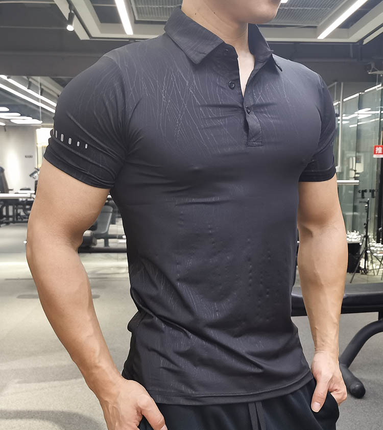 Running Gym Men T Shirt Casual short Sleeve Slim compression Tees elastic T-shirt Sports Fitness Quick dry Polo grain T Shirt