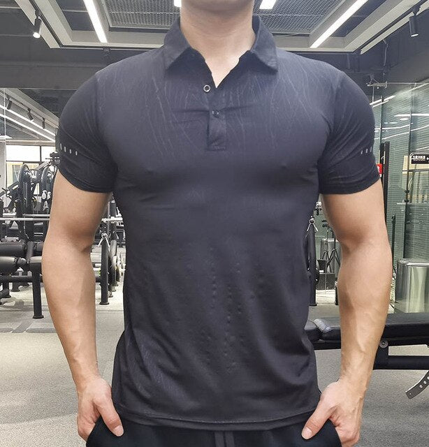 Running Gym Men T Shirt Casual short Sleeve Slim compression Tees elastic T-shirt Sports Fitness Quick dry Polo grain T Shirt