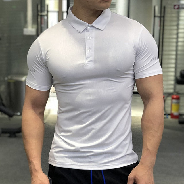 Running Gym Men T Shirt Casual short Sleeve Slim compression Tees elastic T-shirt Sports Fitness Quick dry Polo grain T Shirt