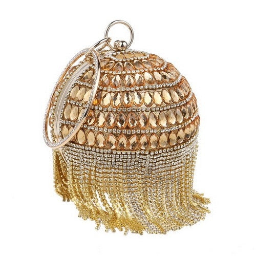 SEKUSA Ball Diamond Tassel Women Party Metal Crystal Clutches Evening  Wedding Bag Bridal Shoulder Handbag Wristlets Clutch