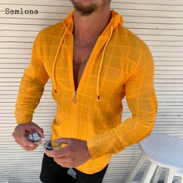 Fashion Long/Short sleeved Hoodie Zipper T shirt Men clothing Summer Solid color Casual Plaid print Open Stitch Thin Tshirt Mens