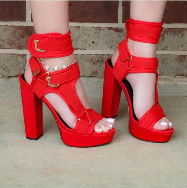 2020 Women Platform Sandals Open Toe Cut Out High Heels Shoes Hook-and-Loop Ankle Strap Sexy Stiletto Shoes Buckle Decor Sandals