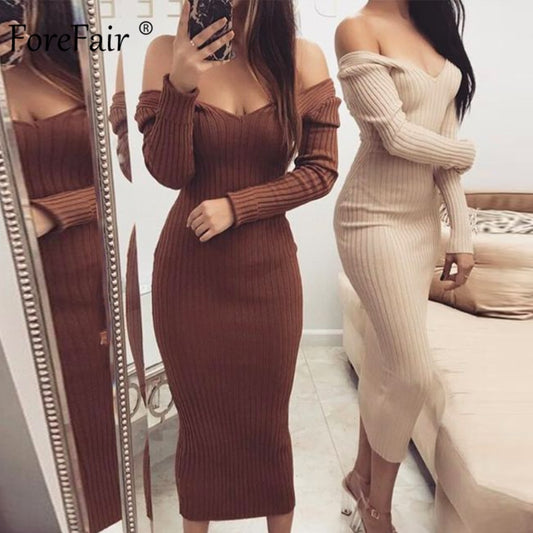 Forefair Long Sleeve V Neck Bodycon Ribbed Knit Dress Women Autumn Winter Solid Slim Midi Women Dress