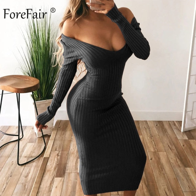 Forefair Long Sleeve V Neck Bodycon Ribbed Knit Dress Women Autumn Winter Solid Slim Midi Women Dress