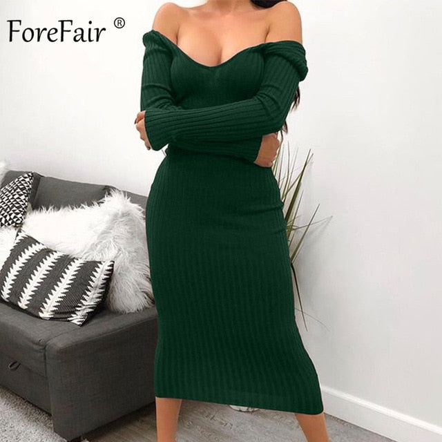 Forefair Long Sleeve V Neck Bodycon Ribbed Knit Dress Women Autumn Winter Solid Slim Midi Women Dress