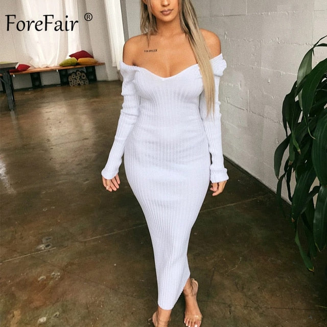 Forefair Long Sleeve V Neck Bodycon Ribbed Knit Dress Women Autumn Winter Solid Slim Midi Women Dress