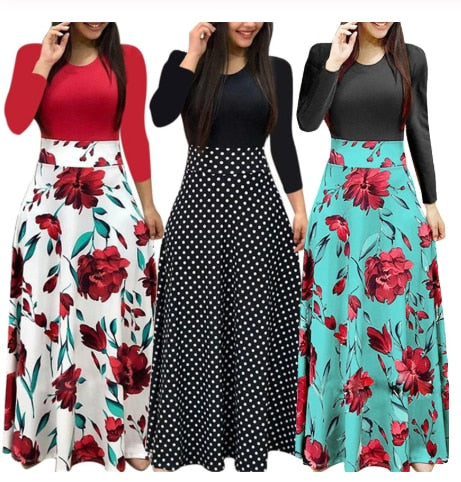 Plus Size Women Autumn Print Stitching Flower Casual Long Party Dress 2020 Vestidos Bodycon Elegant Sexy Woman Maxi Dress Femme