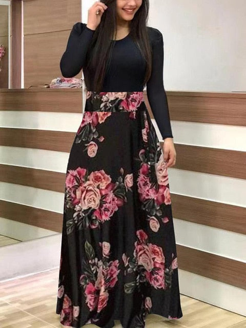 Plus Size Women Autumn Print Stitching Flower Casual Long Party Dress 2020 Vestidos Bodycon Elegant Sexy Woman Maxi Dress Femme