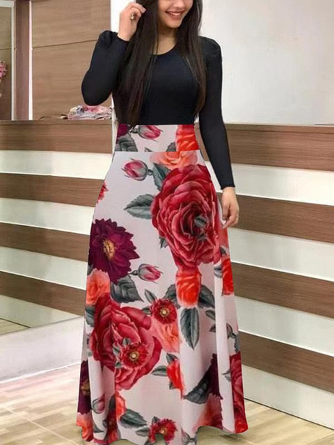 Plus Size Women Autumn Print Stitching Flower Casual Long Party Dress 2020 Vestidos Bodycon Elegant Sexy Woman Maxi Dress Femme