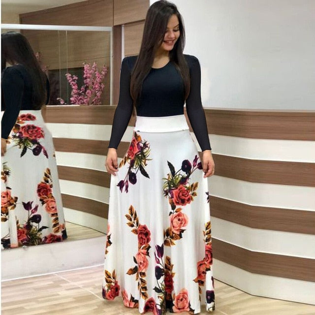 Plus Size Women Autumn Print Stitching Flower Casual Long Party Dress 2020 Vestidos Bodycon Elegant Sexy Woman Maxi Dress Femme