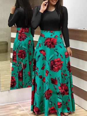 Plus Size Women Autumn Print Stitching Flower Casual Long Party Dress 2020 Vestidos Bodycon Elegant Sexy Woman Maxi Dress Femme