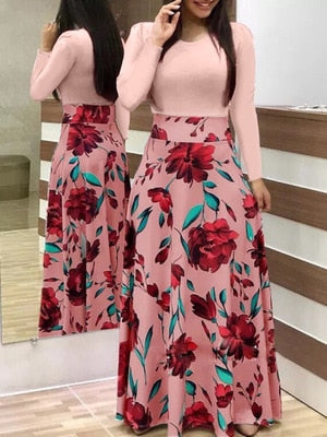 Plus Size Women Autumn Print Stitching Flower Casual Long Party Dress 2020 Vestidos Bodycon Elegant Sexy Woman Maxi Dress Femme