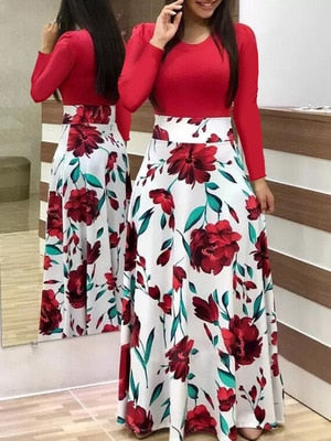 Plus Size Women Autumn Print Stitching Flower Casual Long Party Dress 2020 Vestidos Bodycon Elegant Sexy Woman Maxi Dress Femme