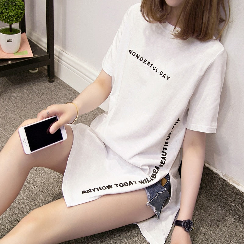 Plus size WONDERFUL DAY Print Long T shirts Summer Women Loose Slit Femme Tops Cotton Tshirt Short sleeve Ladies t-shirt