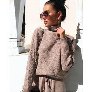 Autumn Winter Knitted Turtleneck Tracksuit For Women Casual Knitted Trousers+Turtleneck Sweater Women's Suit Warm Female Tracks