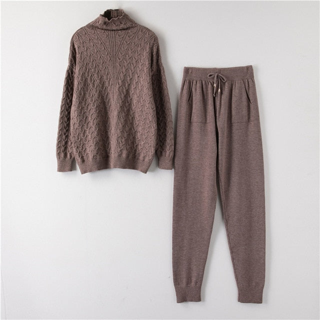 Autumn Winter Knitted Turtleneck Tracksuit For Women Casual Knitted Trousers+Turtleneck Sweater Women's Suit Warm Female Tracks