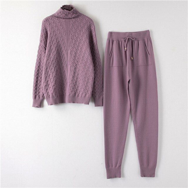 Autumn Winter Knitted Turtleneck Tracksuit For Women Casual Knitted Trousers+Turtleneck Sweater Women's Suit Warm Female Tracks