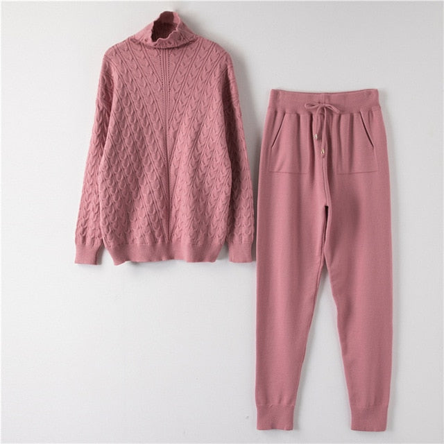 Autumn Winter Knitted Turtleneck Tracksuit For Women Casual Knitted Trousers+Turtleneck Sweater Women's Suit Warm Female Tracks