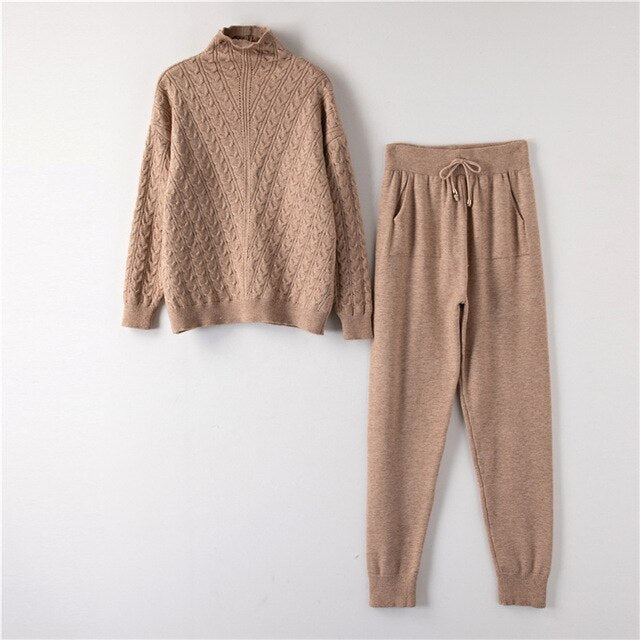 Autumn Winter Knitted Turtleneck Tracksuit For Women Casual Knitted Trousers+Turtleneck Sweater Women's Suit Warm Female Tracks