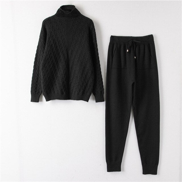 Autumn Winter Knitted Turtleneck Tracksuit For Women Casual Knitted Trousers+Turtleneck Sweater Women's Suit Warm Female Tracks