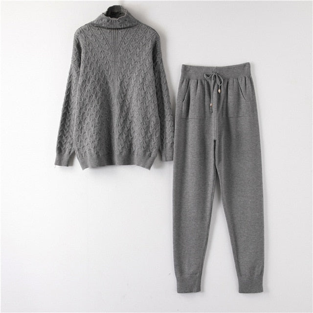 Autumn Winter Knitted Turtleneck Tracksuit For Women Casual Knitted Trousers+Turtleneck Sweater Women's Suit Warm Female Tracks