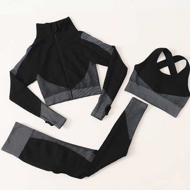 2 PC Long Sleeve Gym Cropped Top Seamless Leggings Yoga Set Workout Clothes Women Sport Suit Fitness Set Sports Bra Sportswear