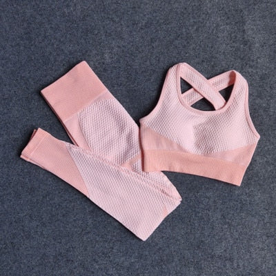 2 PC Long Sleeve Gym Cropped Top Seamless Leggings Yoga Set Workout Clothes Women Sport Suit Fitness Set Sports Bra Sportswear