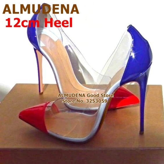 ALMUDENA Real Photo Cost Pirce Stiletto Heel Pumps Black Patent Leather Transparent PVC Patchwork Dress Shoes Pointed Toe Pumps