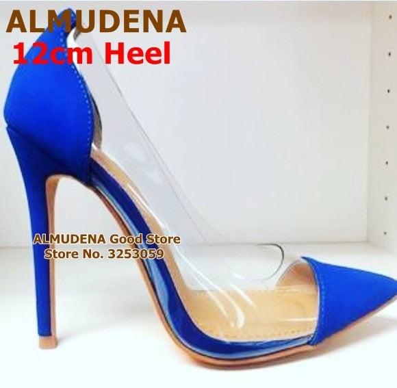 ALMUDENA Real Photo Cost Pirce Stiletto Heel Pumps Black Patent Leather Transparent PVC Patchwork Dress Shoes Pointed Toe Pumps