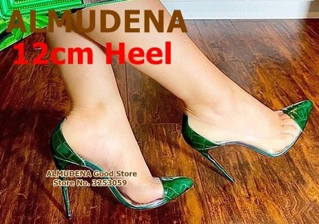 ALMUDENA Real Photo Cost Pirce Stiletto Heel Pumps Black Patent Leather Transparent PVC Patchwork Dress Shoes Pointed Toe Pumps