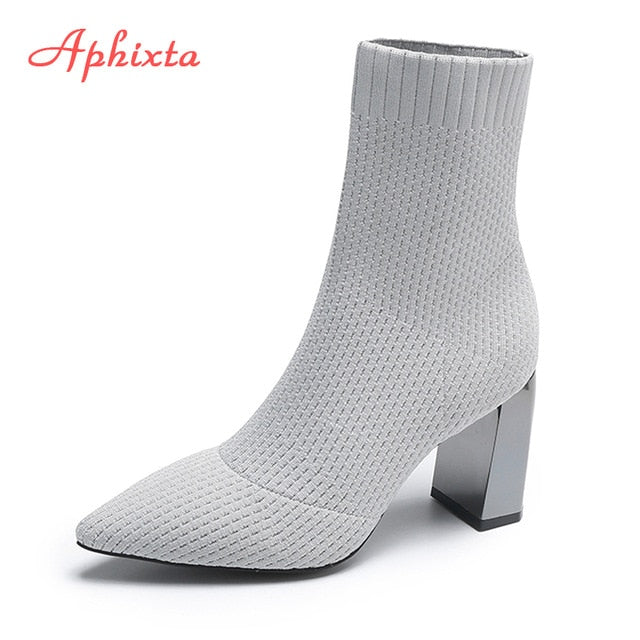 Aphixta Metal Blade Heels Socks Boots Women Stretch Fabric Elastic Stilettos Heel Pointed Toe Ankle Boots Shoes Woman Boats