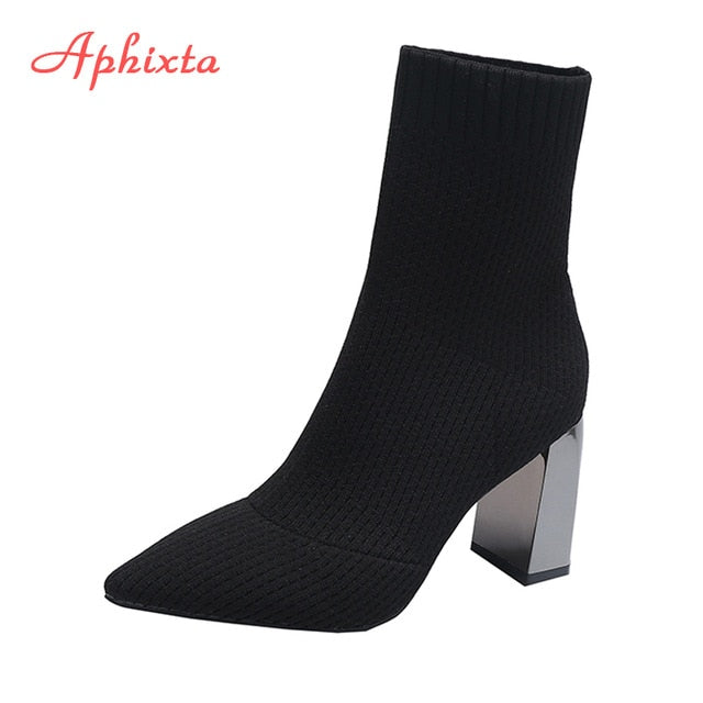 Aphixta Metal Blade Heels Socks Boots Women Stretch Fabric Elastic Stilettos Heel Pointed Toe Ankle Boots Shoes Woman Boats